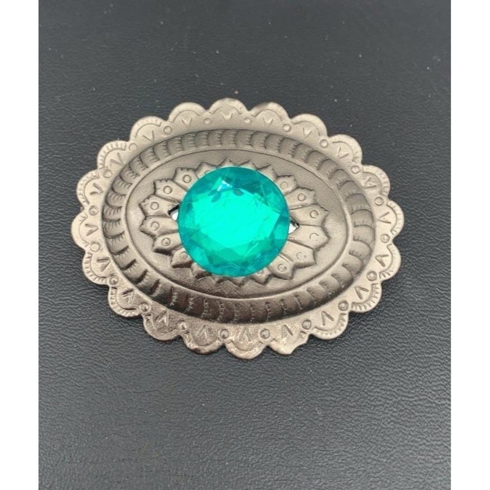 Vintage Silver Tone Pressed Metal Concho Brooch With Teal Rhinestone Lightweight